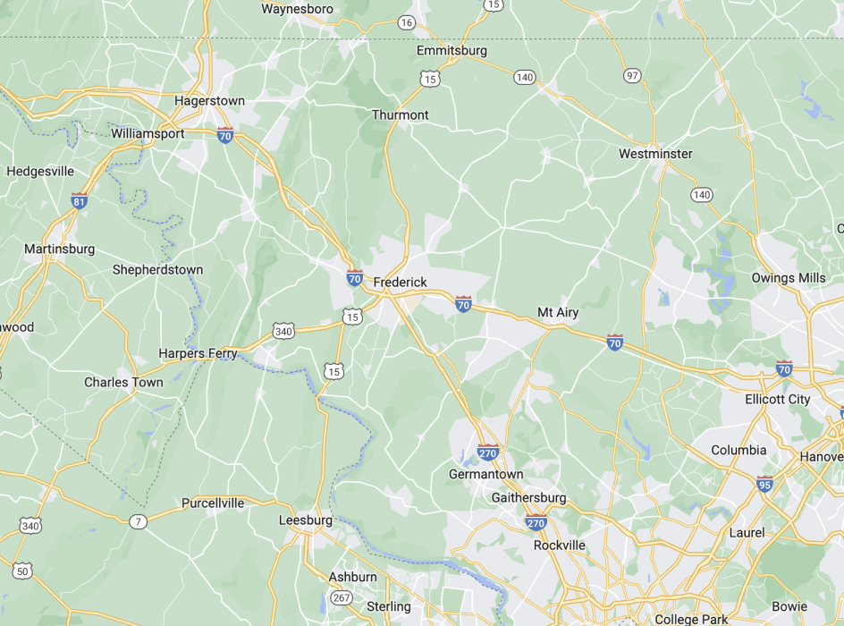 map of central maryland, frederick, hagerstown, germantown, rockville